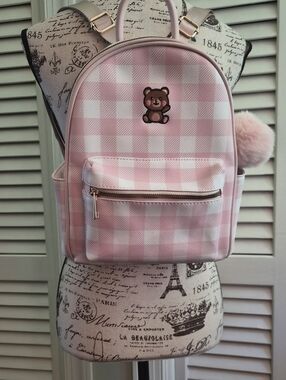 Pink Checkered Teddy Backpack